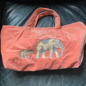 Elephant Embroidered Coral Tote Bag